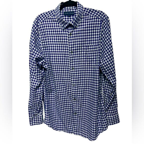 Five Four Blue White Plaid Long Sleeve Button Down Dress Shirt Collar Casual - Picture 1 of 7